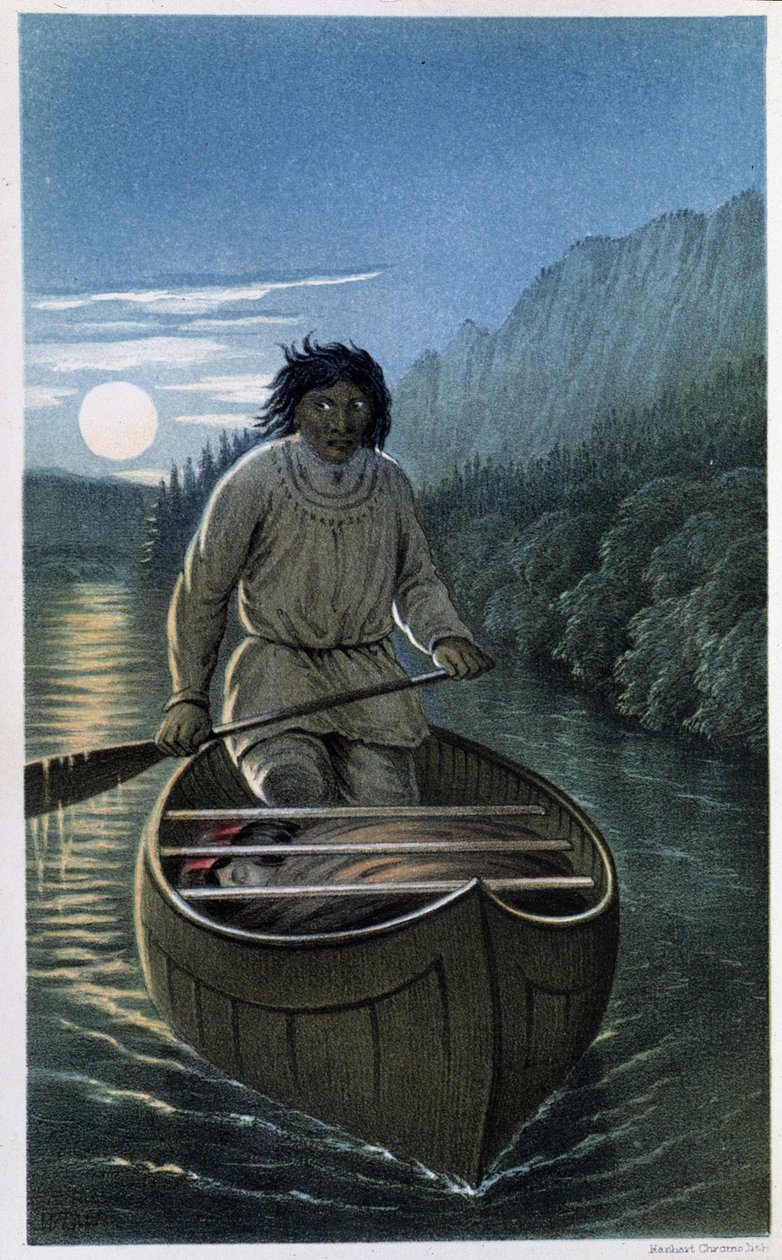 Indisk kanotpaddling på en fullmånenatt - i "Exploration of the Labrador Peninsula", av Hind av Unknown artist