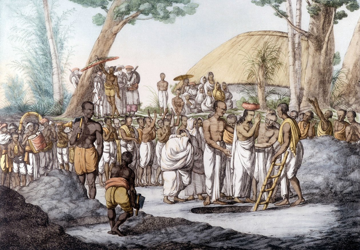 Indisk kultur och civilisation: Änka som begravs levande på sin mans grav, Indien av Unknown artist