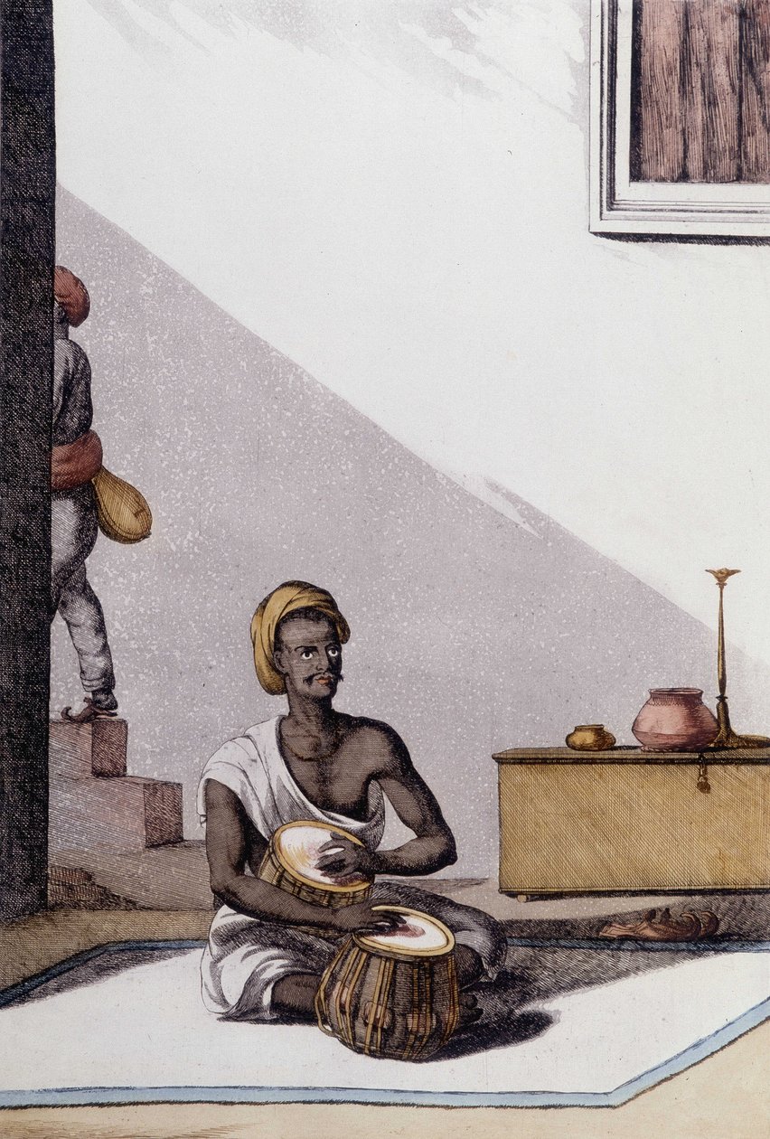 Indisk kultur och civilisation: musiker som spelar tabla, traditionellt musikinstrument, Indien. Gravyr 1808. av Unknown artist