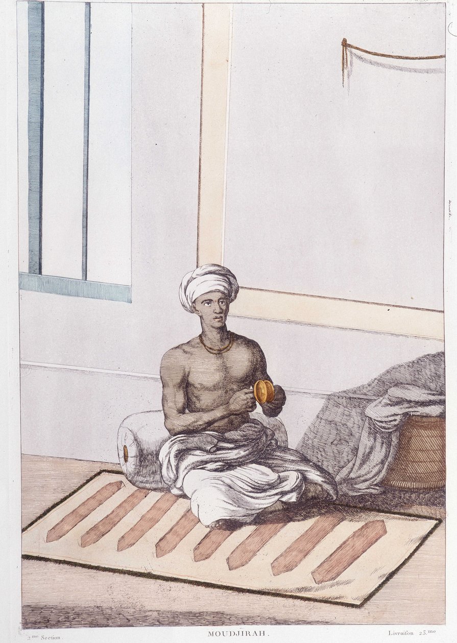 Indisk kultur, civilisation och samhälle: musiker med traditionellt indisk slagverk. Gravyr från 1808. av Unknown artist