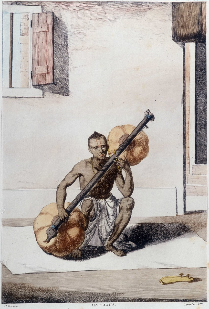 Indisk kultur, civilisation och samhälle: musiker med traditionellt indiskt stråkinstrument. Gravyr från 1808. av Unknown artist