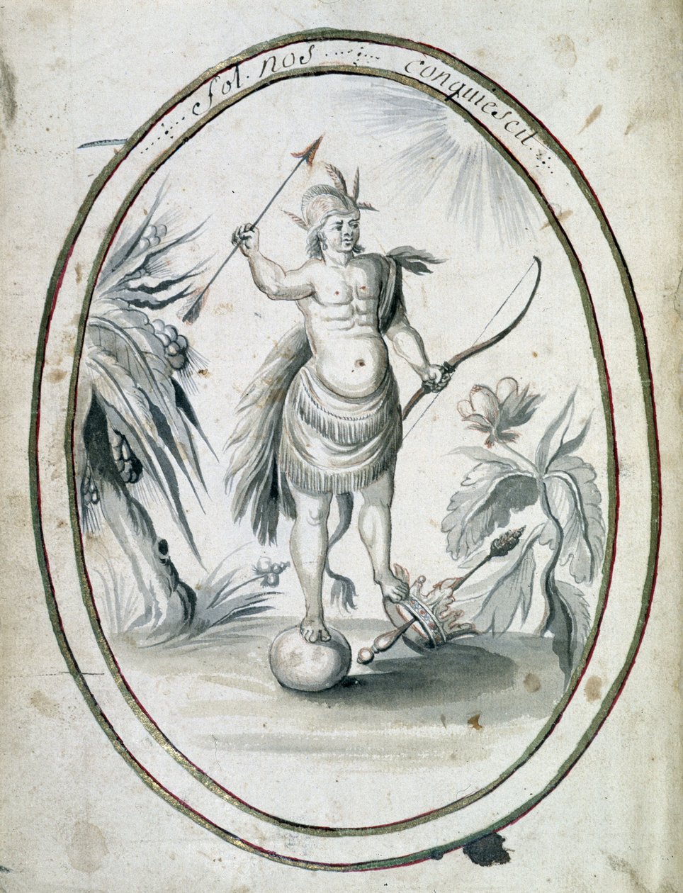 Indian of Canada med sin båge och pilar - framsidan av manuskriptet "" Dialog eller intervju av en fransman med en vilde" av Unknown artist