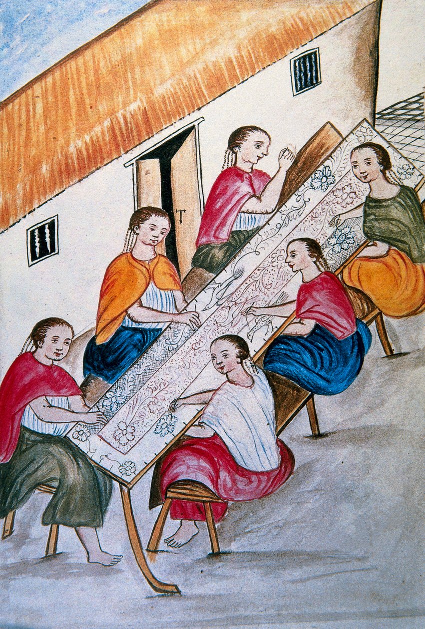 Indiska arbetare som syr, från boken "Trujillo del Peru" eller "Códice Martínez Compañón", av Baltazar Martinez Compañón y Bujanda, biskop av Trujillo (1782-1785) av Unknown artist