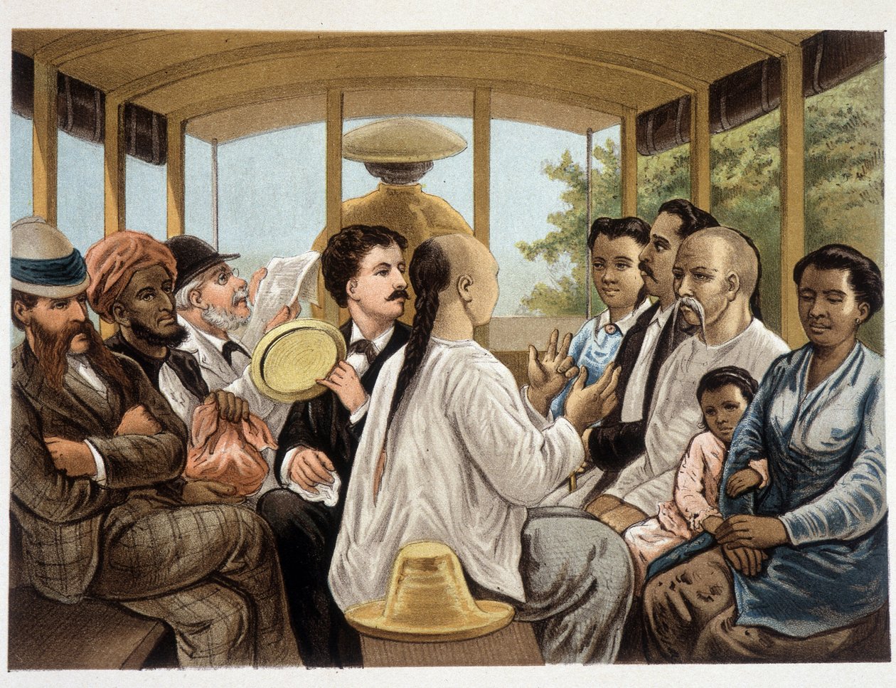 Indonesier och väst i en indonesisk buss - "" Kammarlinden i Berkentstein i Nederländska Ostindien""" av MTH Perelaer - Leiden - AW Sijjhoff teckningar av JC Rappard - Batavia "" dans un transport"" första kvällen i land av Unknown artist