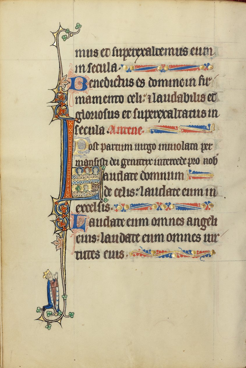 Initial L: Tre nimbade huvuden, ett huvud av en man och ett huvud av en tjur av Unknown artist