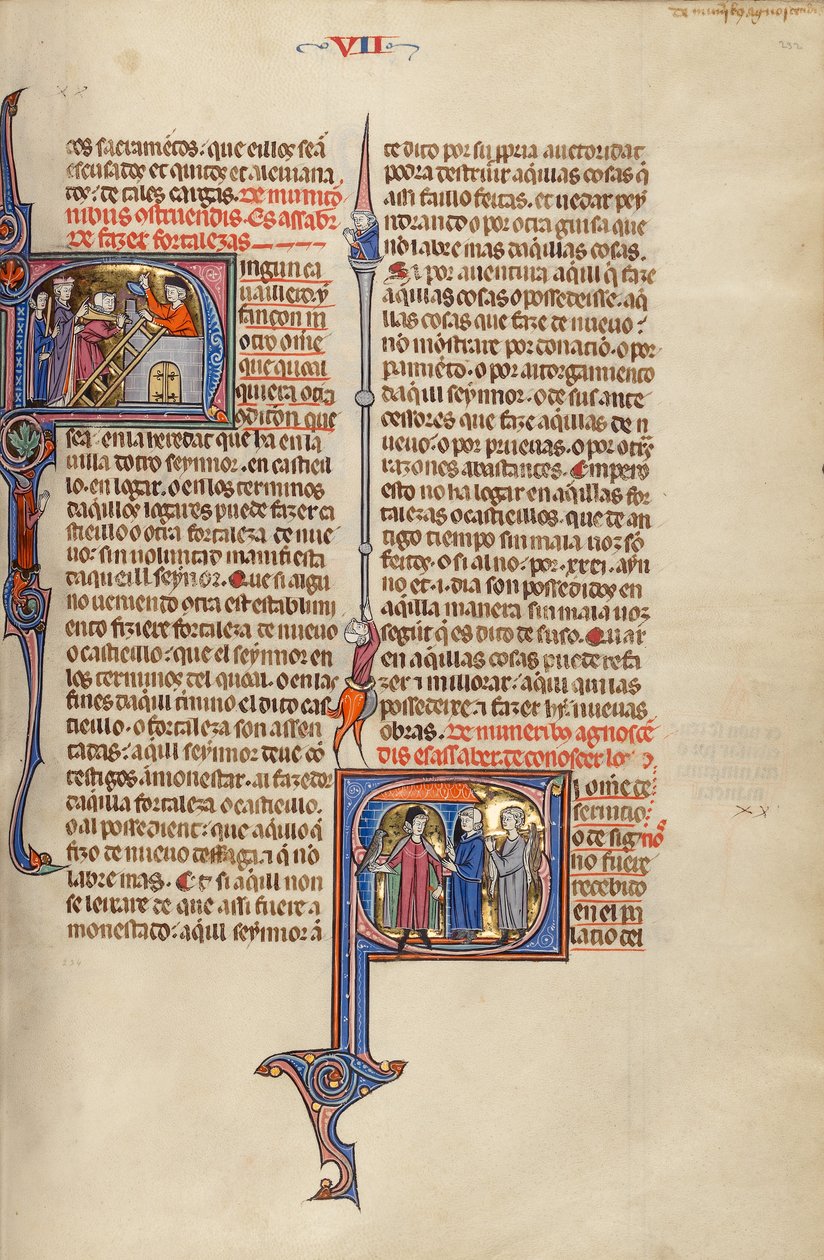Initial N: Två män bygger en fästning; Initial S: Två män möter en adelsman som bär en hök av Unknown artist