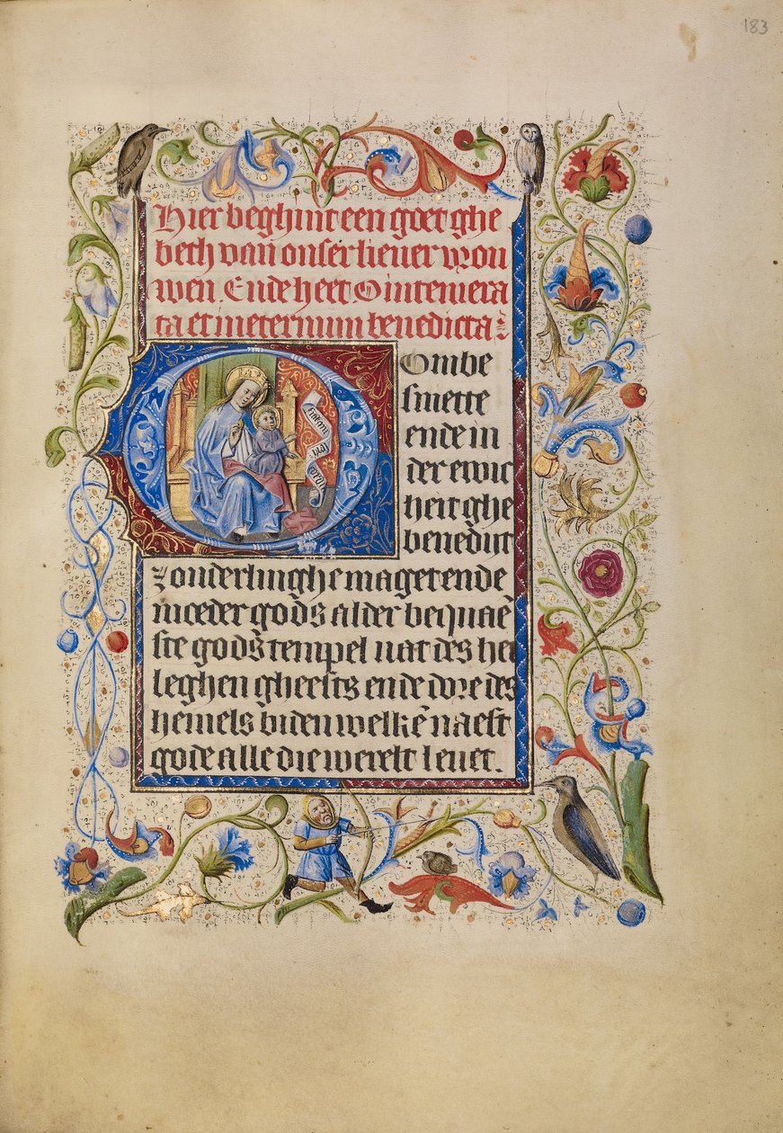 Initial O: Jungfru Maria med barnet på tronen av Unknown artist