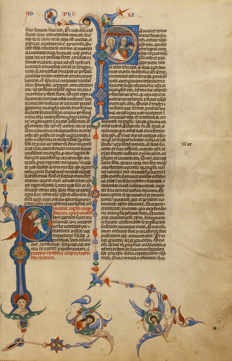 Initial P: Sankt Paulus; Initial P: En biskop ger ett brev till en budbärare av Unknown artist