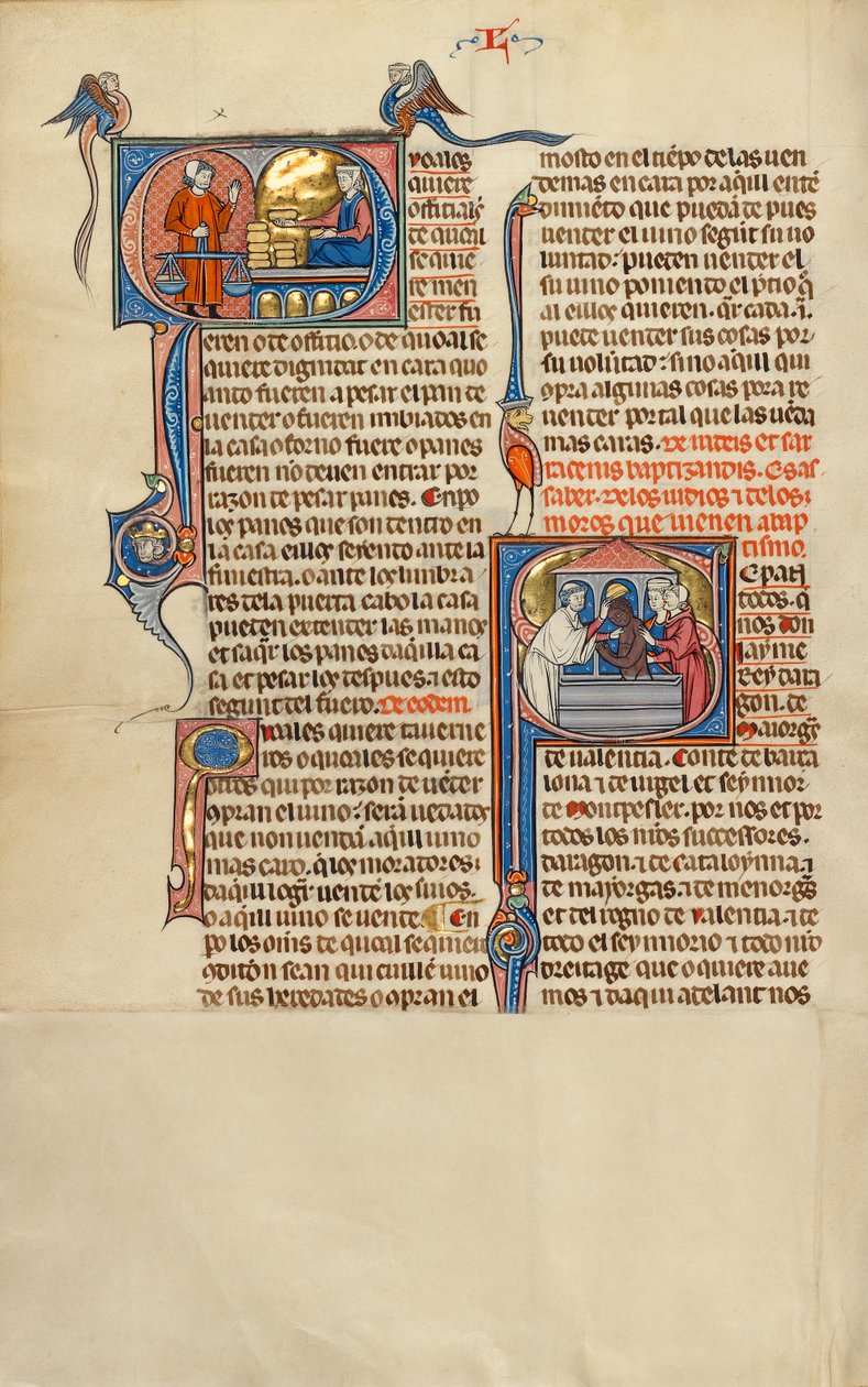 Initial Q: En kvinna med brödkakor framför en man som håller i en våg; Initial S: Dopet av en muslim av Unknown artist