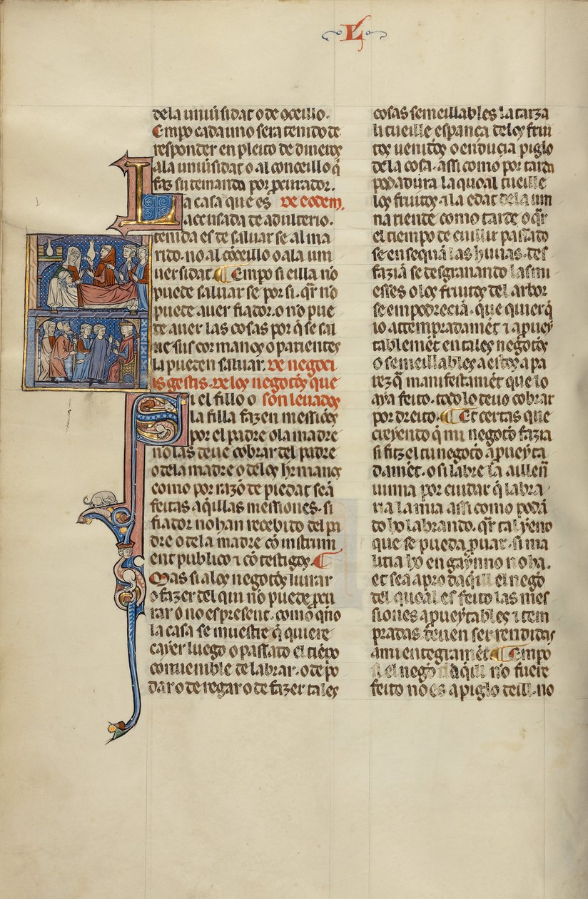 Initial S: Barn och en alkemist vid en sängkant och barn och äldre inför en domare av Unknown artist