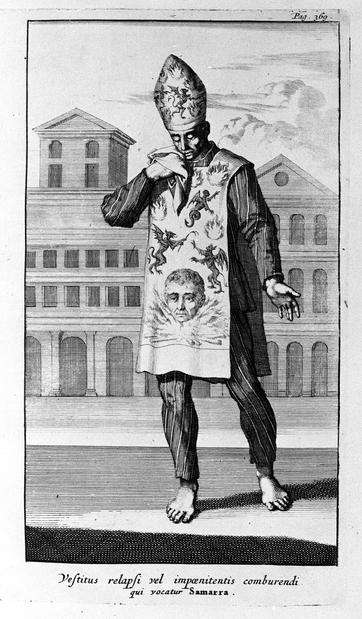 Inkvisition. Samarras plagg som de ångerfulla bar. Gravyr från History of Inquisition, Amsterdam 1692. av Unknown artist