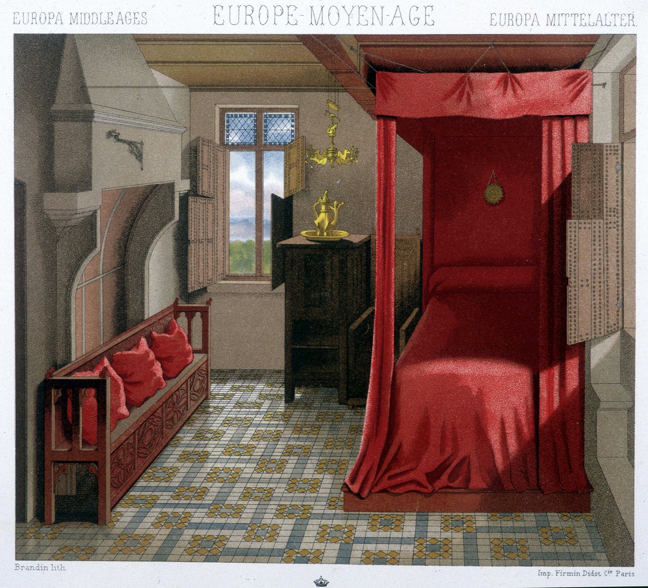 Interiör av ett hus på 1400- och 1500-talet. I ”Le costume historique av A. Racinet av Unknown artist