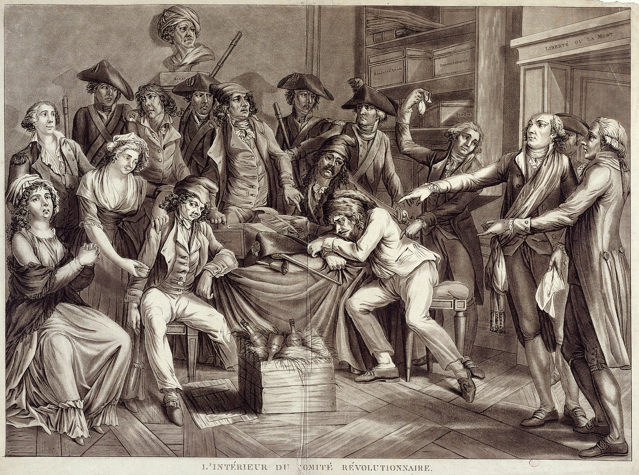Revolutionskommitténs inre. Gravyr från 1700-talet. Paris, Musée Carnavalet av Unknown artist