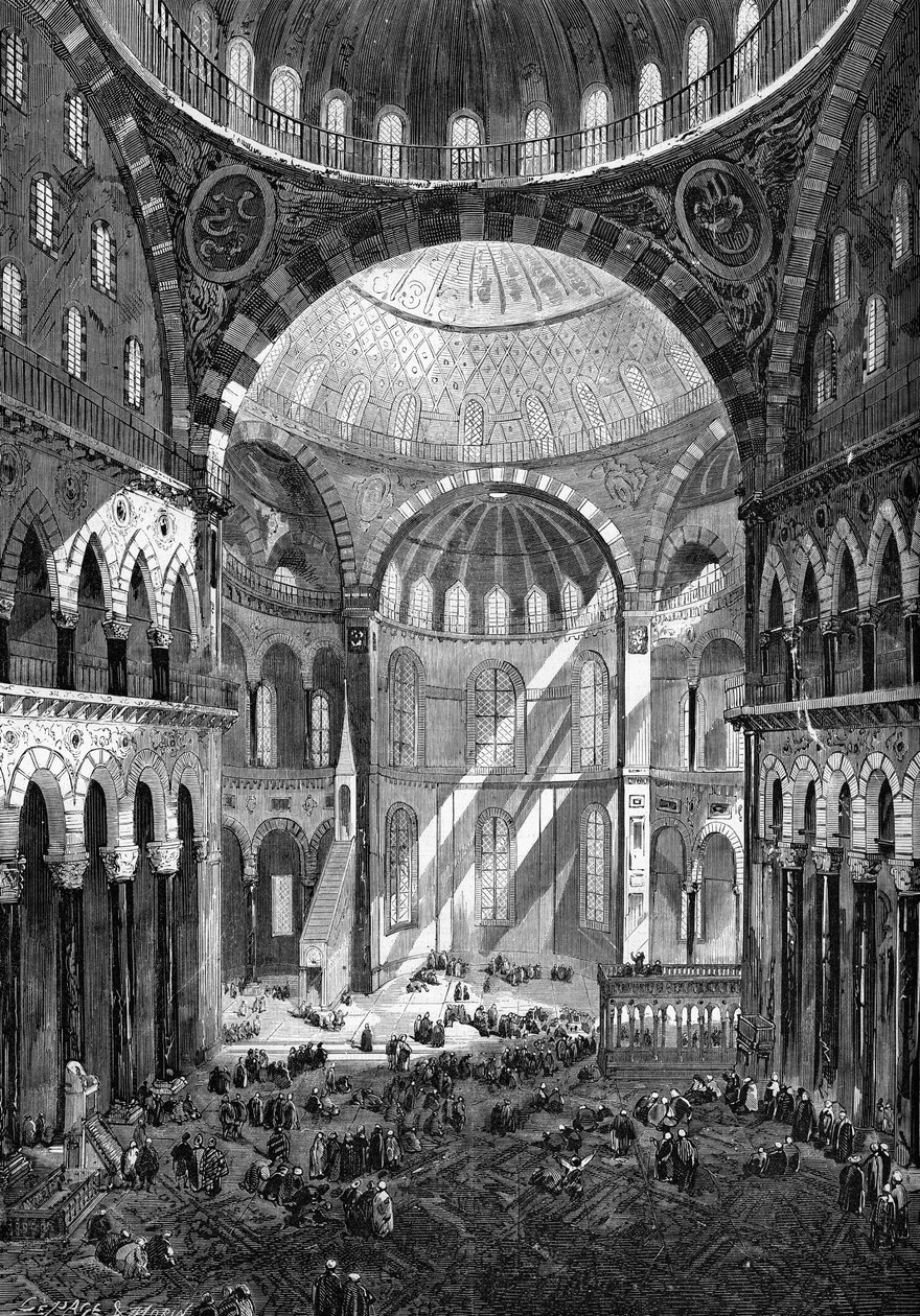 Invändig vy av moskén Saint Sophia (Hagia Sophia) (bysantinsk konst från 600-talet) i Konstantinopel 1858. av Unknown artist
