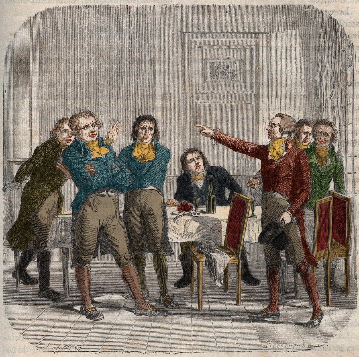 Intervju mellan Jean-Paul (Jean Paul) Marat (1743-1793), Maximilien de Robespierre (1758-1794) och Georges Jacques Danton (1759-1794) den 28 juni 1793 på ett parisiskt kafé på Rue du Paon. Gravyr i ""Frankrikes illustrerade nationalhistoria"". 1800-talet av Unknown artist