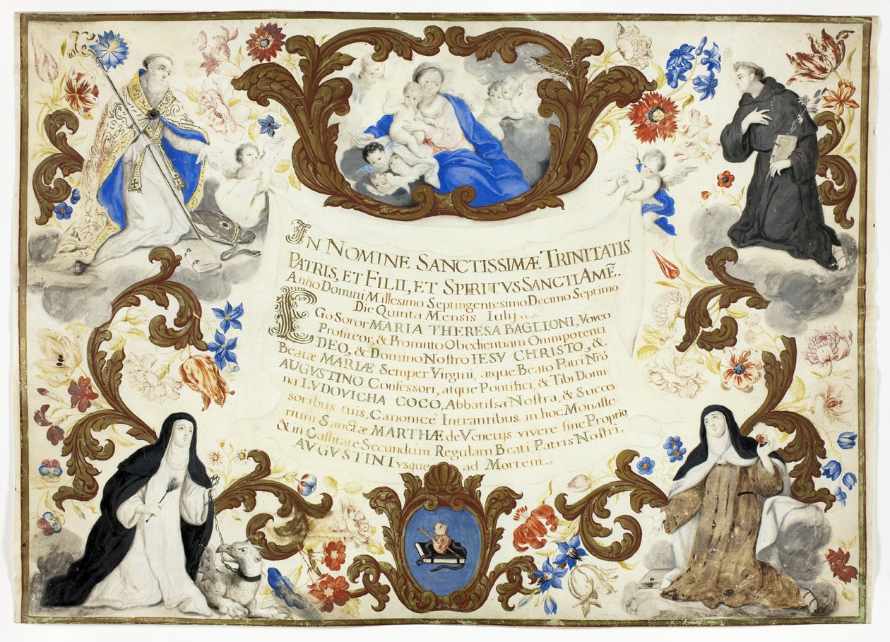 Investiturbevis för syster Maria Theresa Baglioni av Unknown artist