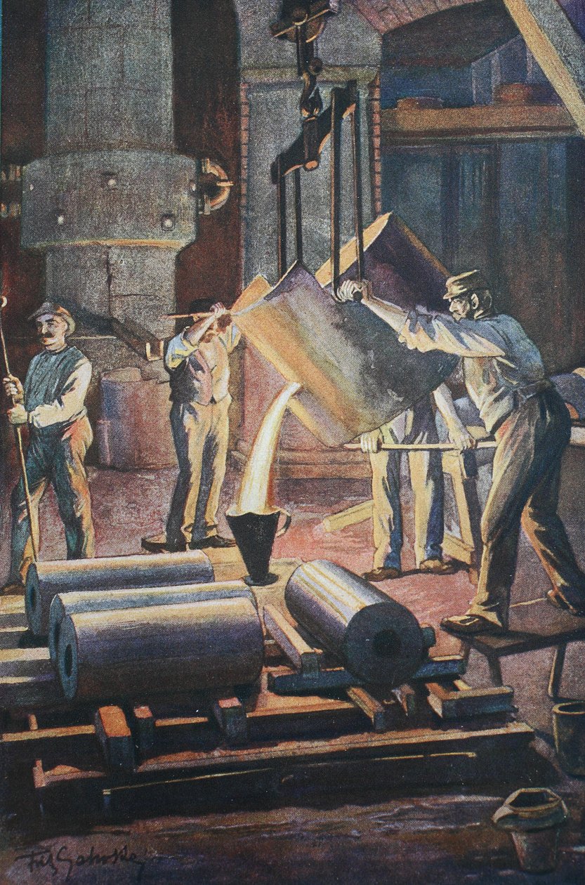 Järngjuteri, gjuterihus, formgjutning av det smälta järnet av Unknown artist