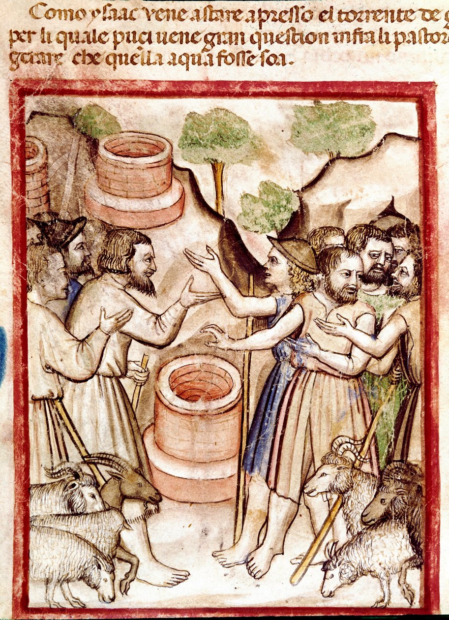 Isaac gräver brunnar i dalen Guerar och herdarna i dalen söker honom grälminiatyr tagna från Codex 212 (eller Padovano Codice eller Bible of Padua) 1390-1400 Rovigo, Accademia Dei Concordi av Unknown artist