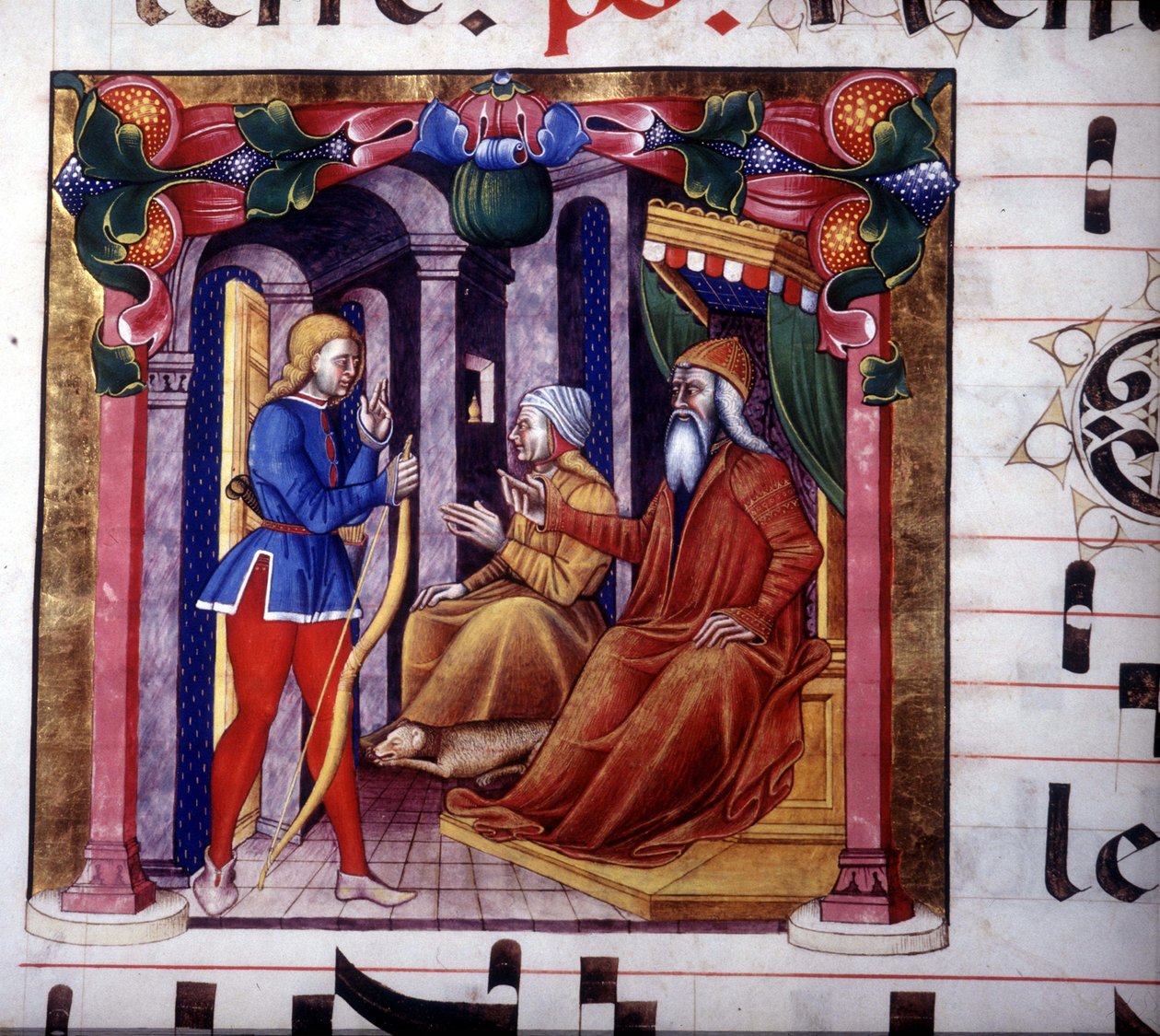 Isak uppmanar Esau att jaga. 1400-talsmanuskript. 1400-tals antifonarium. Bibliotek i Lodi av Unknown artist