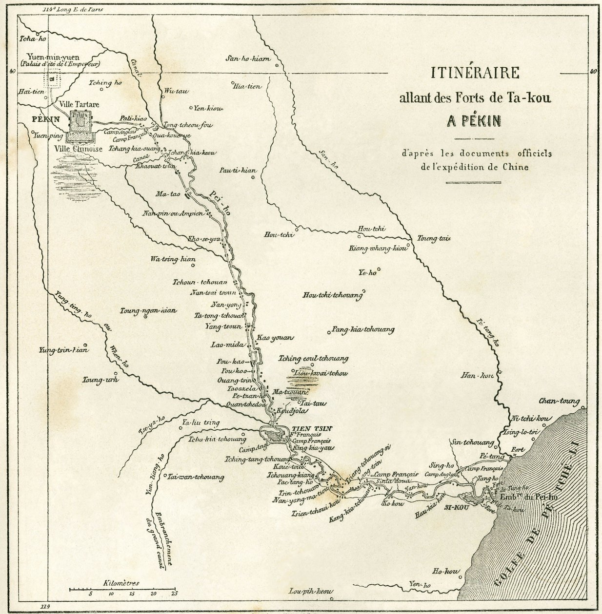 Resväg längs floden Hai He nära Tien Tsin (Tien-Tsin, Tianjin) till Pekin (Peking), Kina. Karta, i "" Le Tour du Monde, New Journal of Travels "", redigerad av Edouard Charton, Paris av Unknown artist