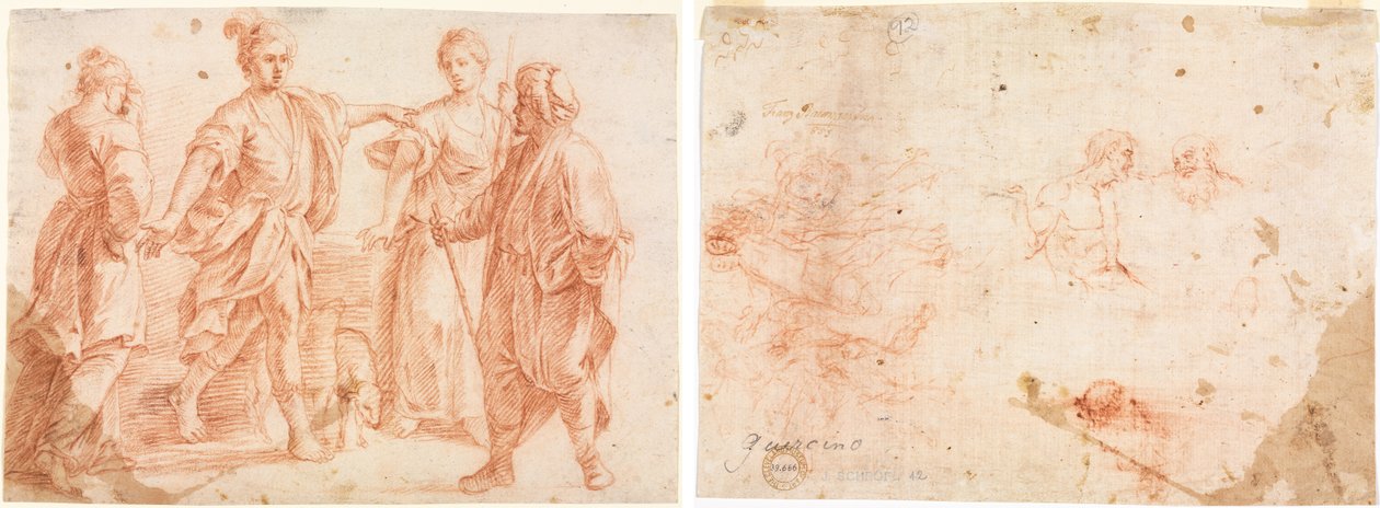 Jakob och Laban med Rakel och Lea (recto) Skiss över två män och andra olika figurer (verso) av Unknown artist