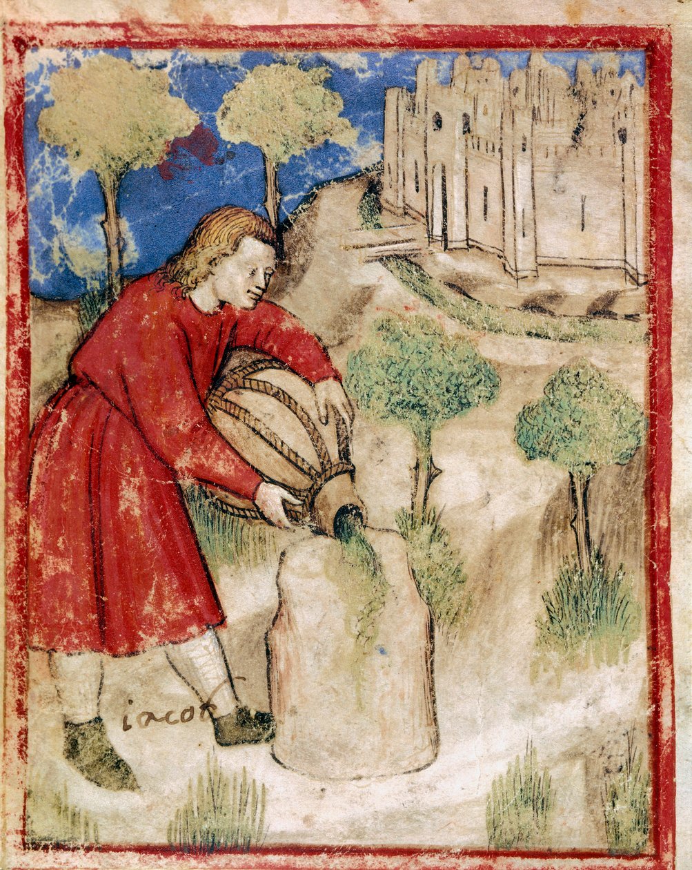 Jakob hällde olja på stenen som hade tjänat honom som en miniatyrkudde från codex 212 (eller padovano codice eller Bible of Padua) 1390-1400 Rovigo, Accademia dei Concordi av Unknown artist
