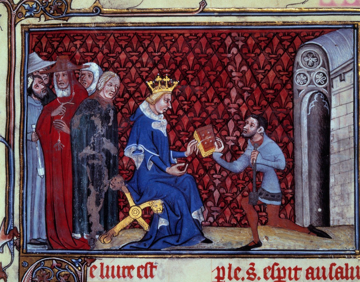 Jacques Bauchant presenterar sin bok för kung Karl V (1338-1380) Miniatyr hämtad från "" Ways of God and Visions of Saint Elisabeth von Schonau (1128-1164) "" av Jacques Bauchant av Saint Quentin (? -1396), Paris, B.N. av Unknown artist