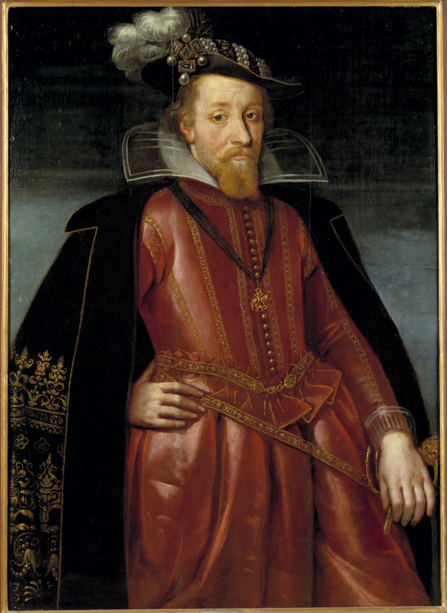 James Stuart, James VI kung av Skottland och James I kung av England och Irland - Porträtt av kung James I av England (1566-1625), Anonym . Olja på trä. Mått: 115x86cm. Nationalmuseum Stockholm av Unknown artist