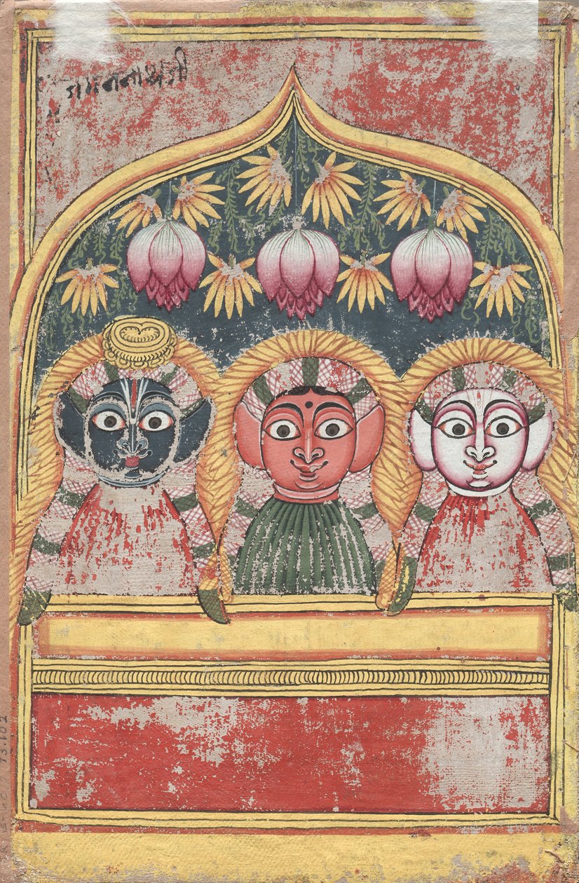 Jagannath, Subhadra och Balarama i en båge (Verso) av Unknown artist