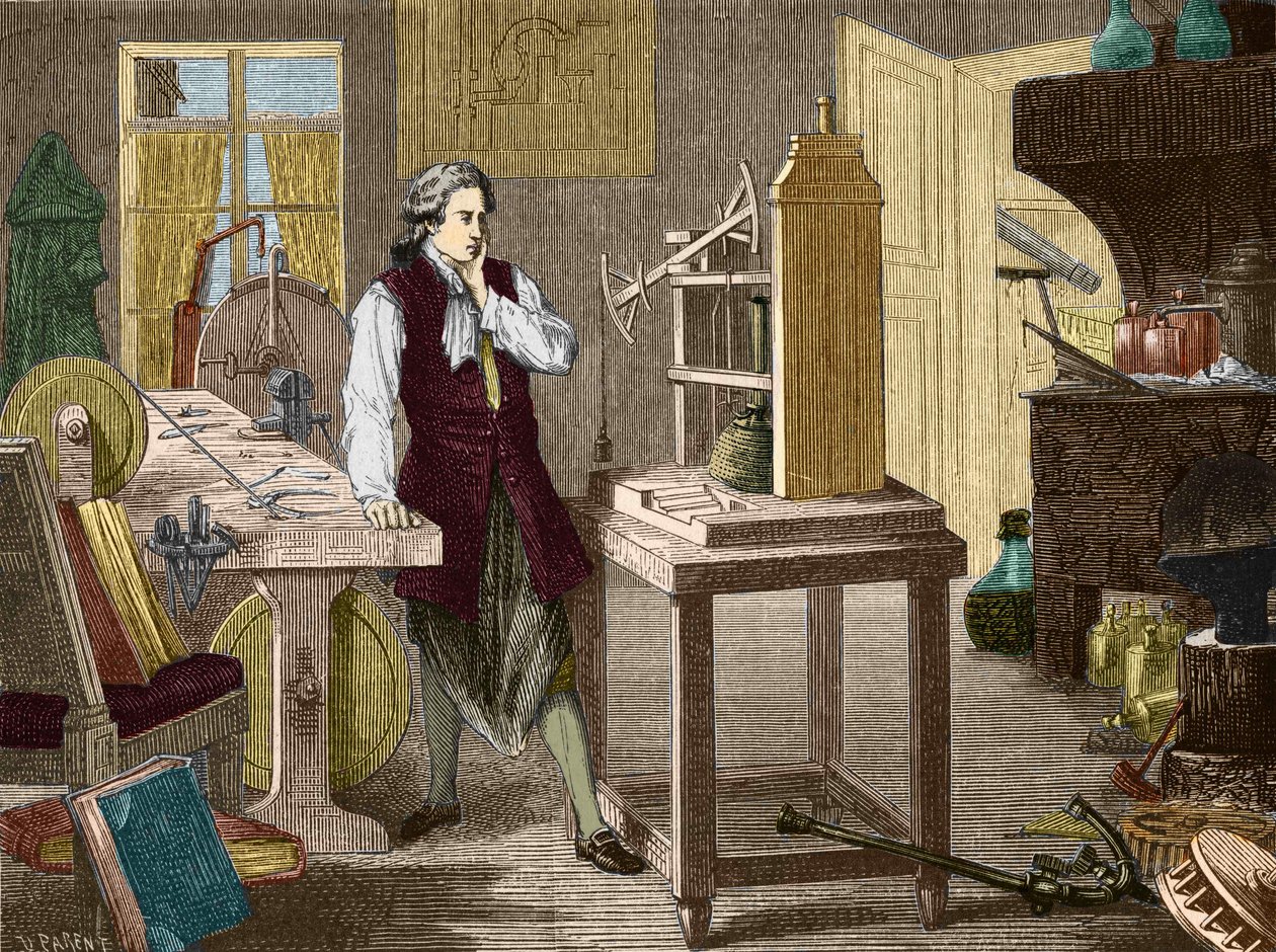 James Watt studerar perfektion av Newcomen-maskinen (1767) (ångmaskin) - i "" Album of Science; berömda vetenskapsmän; Stora upptäckter””” 1896. av Unknown artist