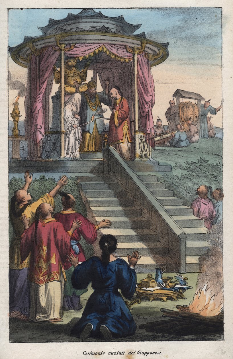 Japanska bröllop - japanernas bröllopsceremoni - gravyr från "" Seder och traditioner för alla folk i universum. Det vill säga historien om regeringen, om lagarna, om milisen, om religionen för alla nationer från de mest avlägsna tiderna till våra dagar "1 av Unknown artist
