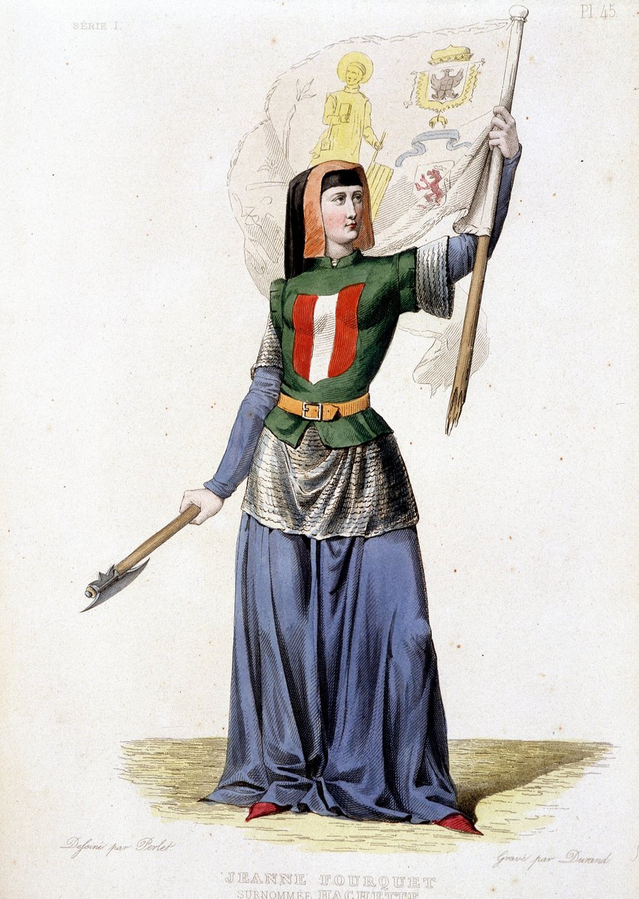 Jeanne Laisné, känd som Jeanne Fourquet, med smeknamnet Jeanne Hachette fransk hjältinna (1456 till?). gravyr från 1835 av Unknown artist