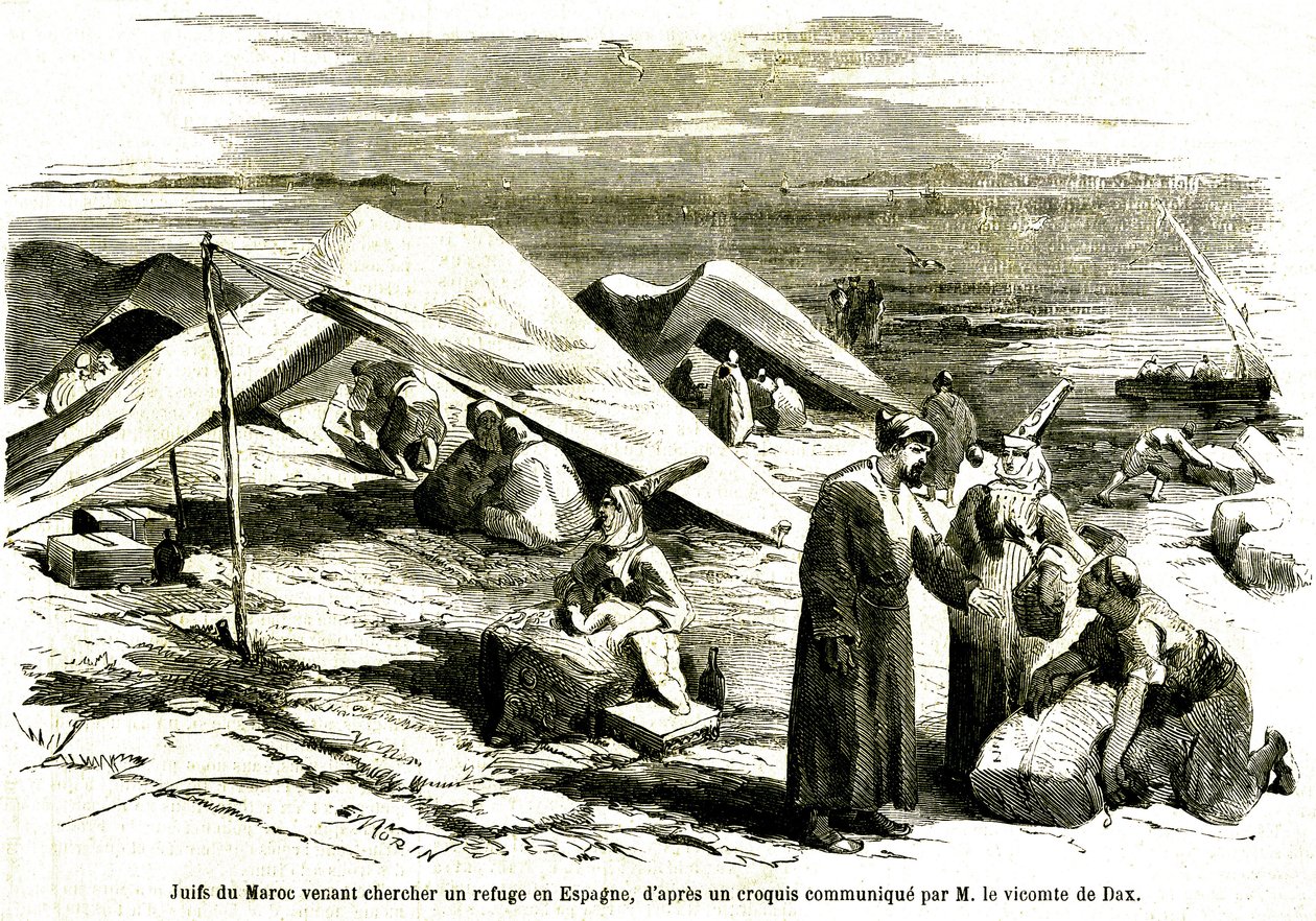 Judar från Marocko kommer för att söka skydd i Algesiras i Spanien i mitten av 1800-talet (gravyr) av Unknown artist