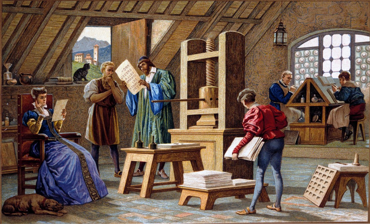 Johannes Gensfleisch Gutenberg (1400-1468), uppfinnare av tryckpressen (1438). kromolitografi från 1800-talet. av Unknown artist