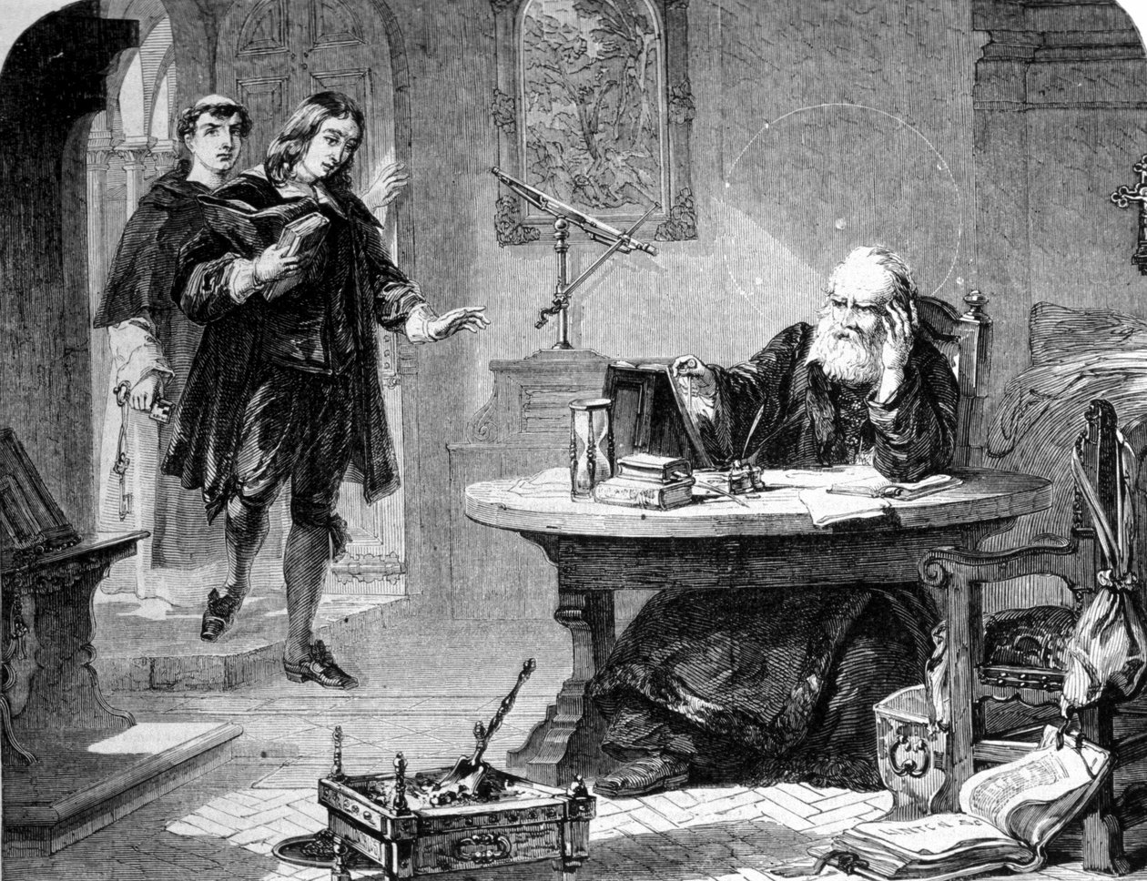 John Milton, engelsk poet och essäist (1608 - 1674) besökte Galileo Galilei (Galileo) (1564 - 1642) i hans cell under inkvisitionen i Florens. Gravyr. 1860 ca. av Unknown artist