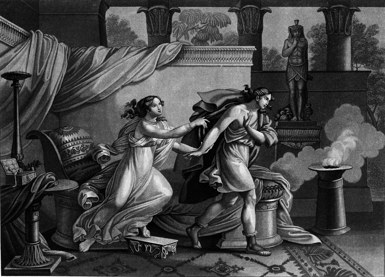 Josef flyr från Putifars hustru (Potifar) och försöker förföra 1800-talets litografi av Unknown artist