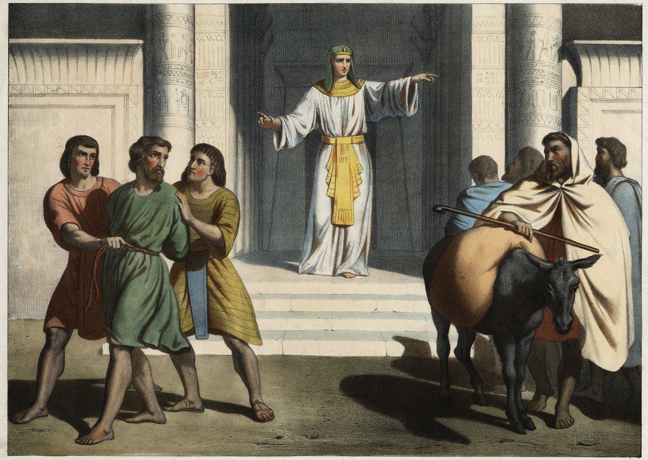 Joseph håller Simeon som gisslan: Patriarken Josef ber sina bröder att presentera honom för den yngre Benjamin och håller Simeon som gisslan i väntan på att de ska återvända. Anonym gravyr från mitten av 1800-talet. av Unknown artist