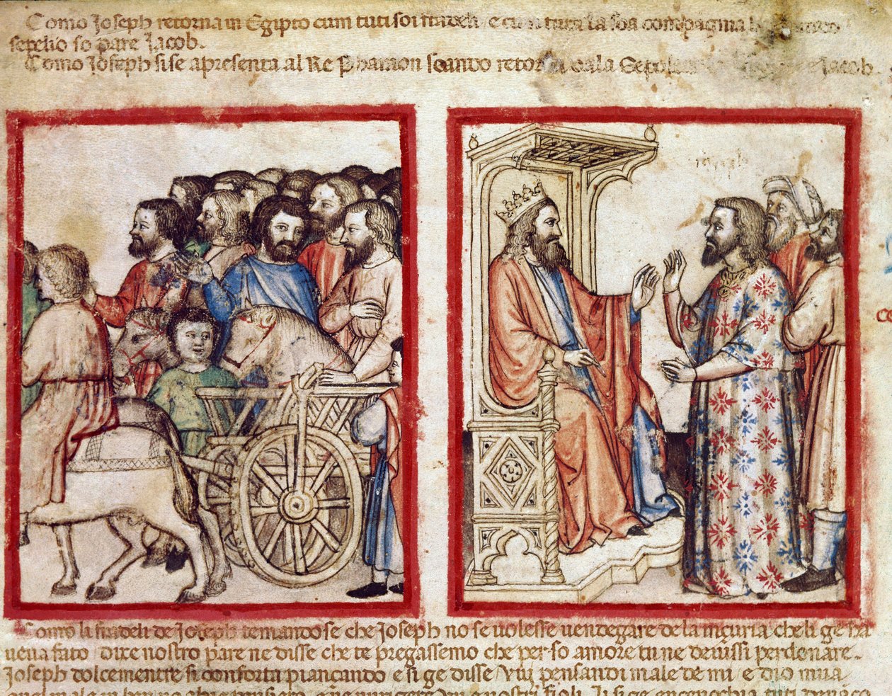 Josef till vänster till sin fars begravning, han går efter Faraos miniatyr från codex 212 (eller padovano codice eller Bible of Padua) 1390-1400 Rovigo, Accademia dei Concordi av Unknown artist