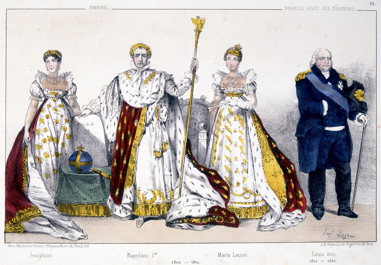 Josephine, Napoleon 1er, Marie Louise och Louis XVIII - i "La Monarchie francaise en estampes"" av Unknown artist