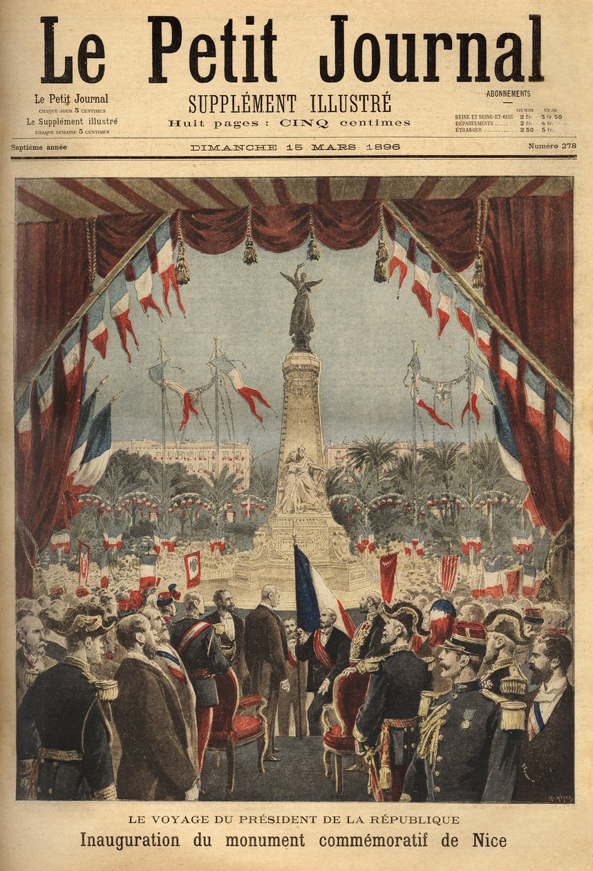 Republikens president Felix Faures (1841-1899) resa för invigningen av monumentet till minne av greven av Nices fäste i Frankrike. Gravyr i ”” Le petit journal””/1896. Selvas samling. av Unknown artist