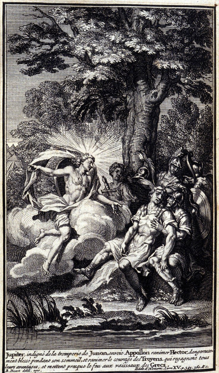 Jupiter, ovärdig Junos bedrägeri, skickar Apollo för att återuppliva Hectors farliga sår under sin sömn, och återuppliva modet hos trojanerna, som återfår alla sina fördelar och nästan sätter eld på de grekiska skeppen. Illustration av bok XV av Iliaden av av Unknown artist