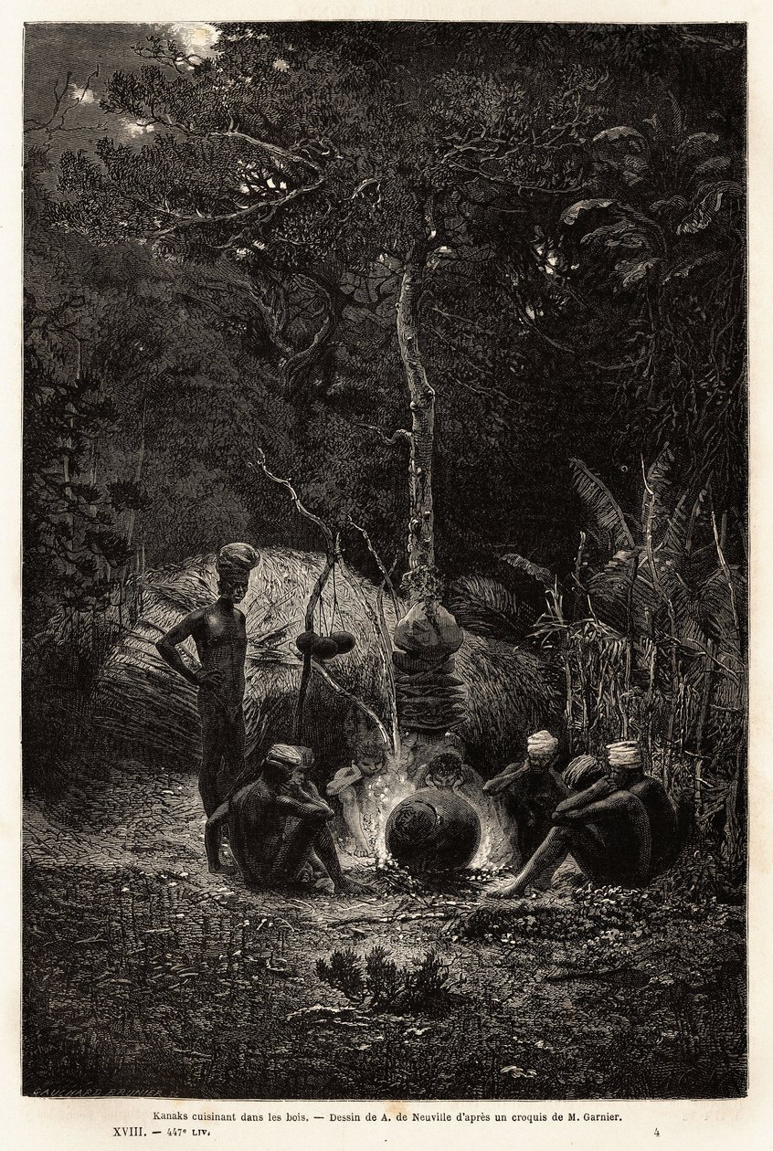 Kanaks lagar mat i skogen, på Pamales territorium. Gravyr för att illustrera resan till Nya Kaledonien, av Jules Garnier, gruvor civilingenjör, 1863-1866, publicerad i "Le tour du monde, nouveau journal des voyages", redigerad av Edouard C av Unknown artist