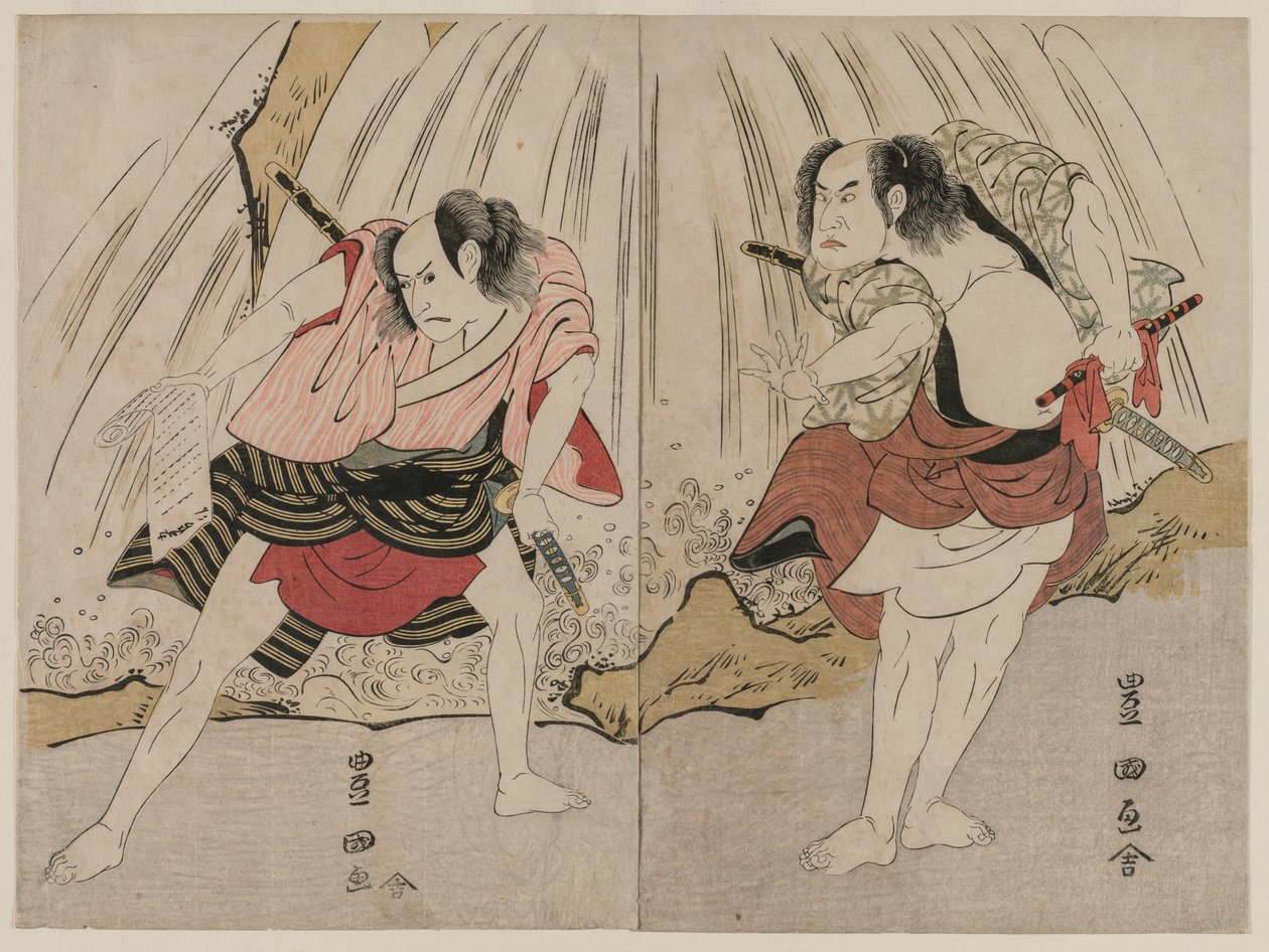 Kataoka Nizaemon VII och Ichikawa Yaozo III i en konfrontation bredvid ett vattenfall av Unknown artist