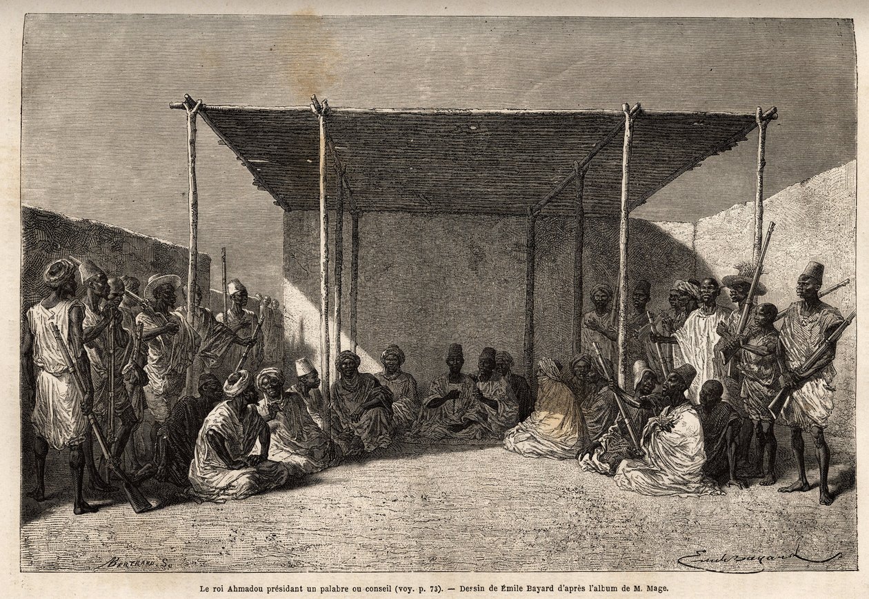 Kung Ahmadou presiderar över ett råd eller palabre i Toucouleur-imperiet i Segou Sikoro (Mali), de vise männen sitter och krigarna sätter sig, kungen håller ett muslimskt radband i sina händer. Gravyr för att illustrera resan till västra Sudan av löjtnant  av Unknown artist