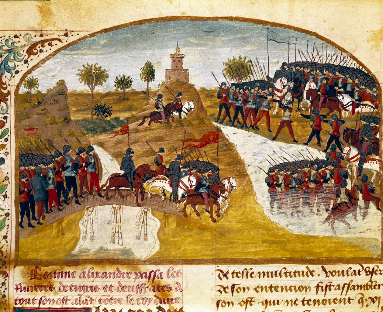 Kung Alexander den store (356-323 f.Kr.) och hans armé passerar tigern och miniatyreufraten från "" Boken av fakta om Alexander den store"" av Quintus Curtius Rufus (Quinte Curce) (1:a århundradet), omkring 1468. (Ms. 1335) Reims. Kommunbiblioteket av Unknown artist