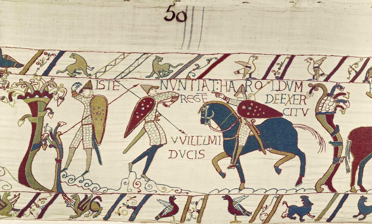 Kung Harolds budbärare ger honom nyheter om hertig Williams armé, Bayeux Tapestry (ullbroderi på linne) av Unknown artist