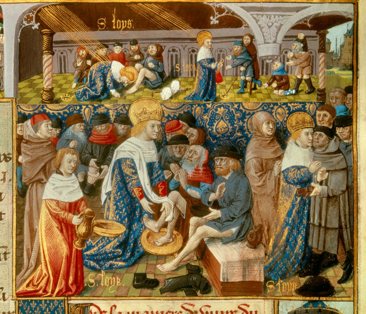 Kung Ludvig IX (1214-1270) (Saint Louis) tvättar de fattigas fötter och scener av kristen välgörenhet från kung miniatyr taget från ett manuskript "The Book of Facts of Monsignor Saint Louis""" 1400-talet. Paris, B.N av Unknown artist