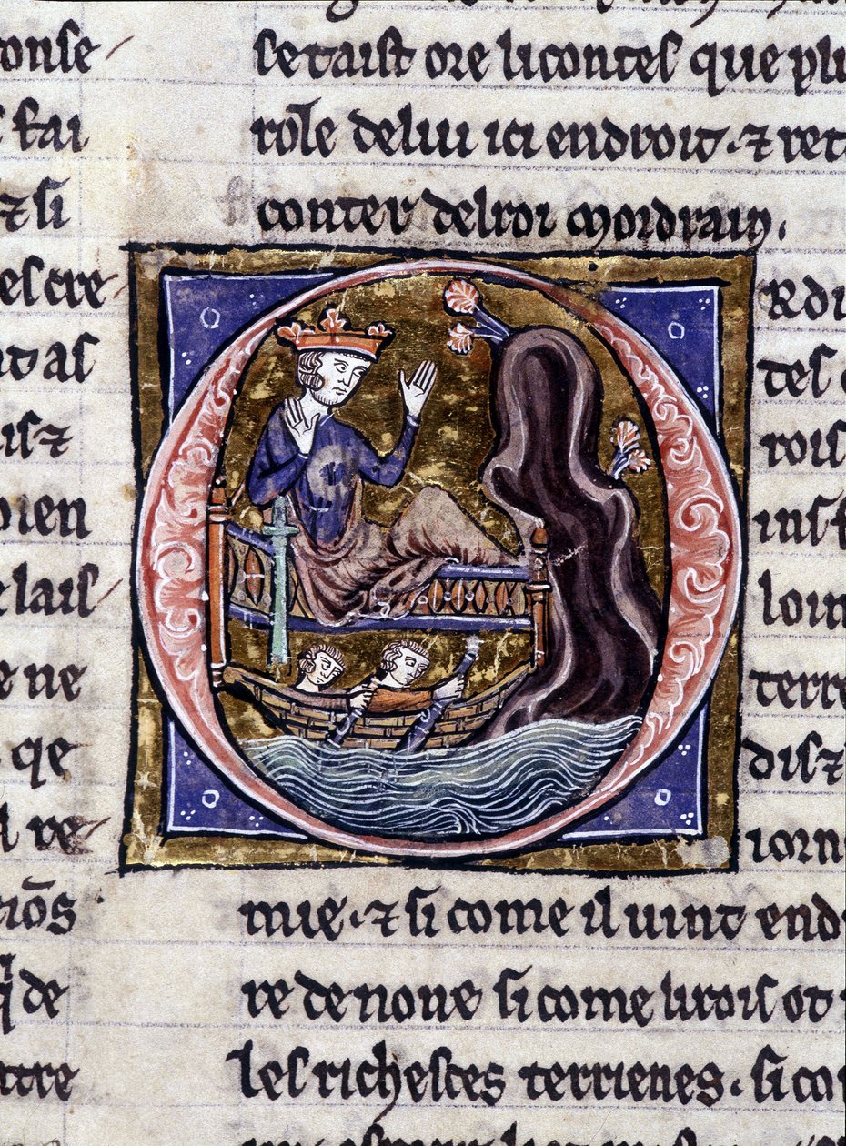 Kung Modreius. Manuskript: Erövringen av Saint Gréal, skrivet 717 år efter vår herres passion. Bibliotheque Municipale de Rennes, ms. 255 (Samling av romaner av det runda bordet); Paris av Unknown artist