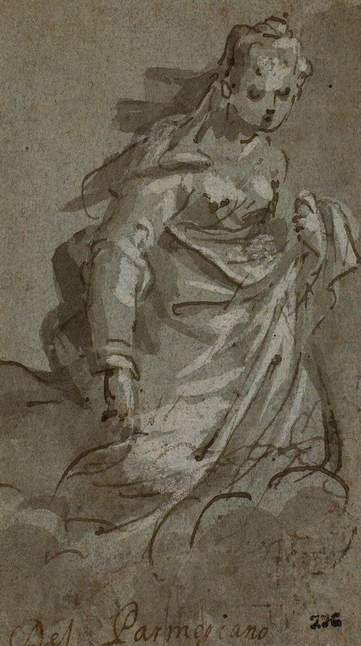 Knäböjande molnburen kvinnofigur (recto); Figurskisser (verso) av Unknown artist