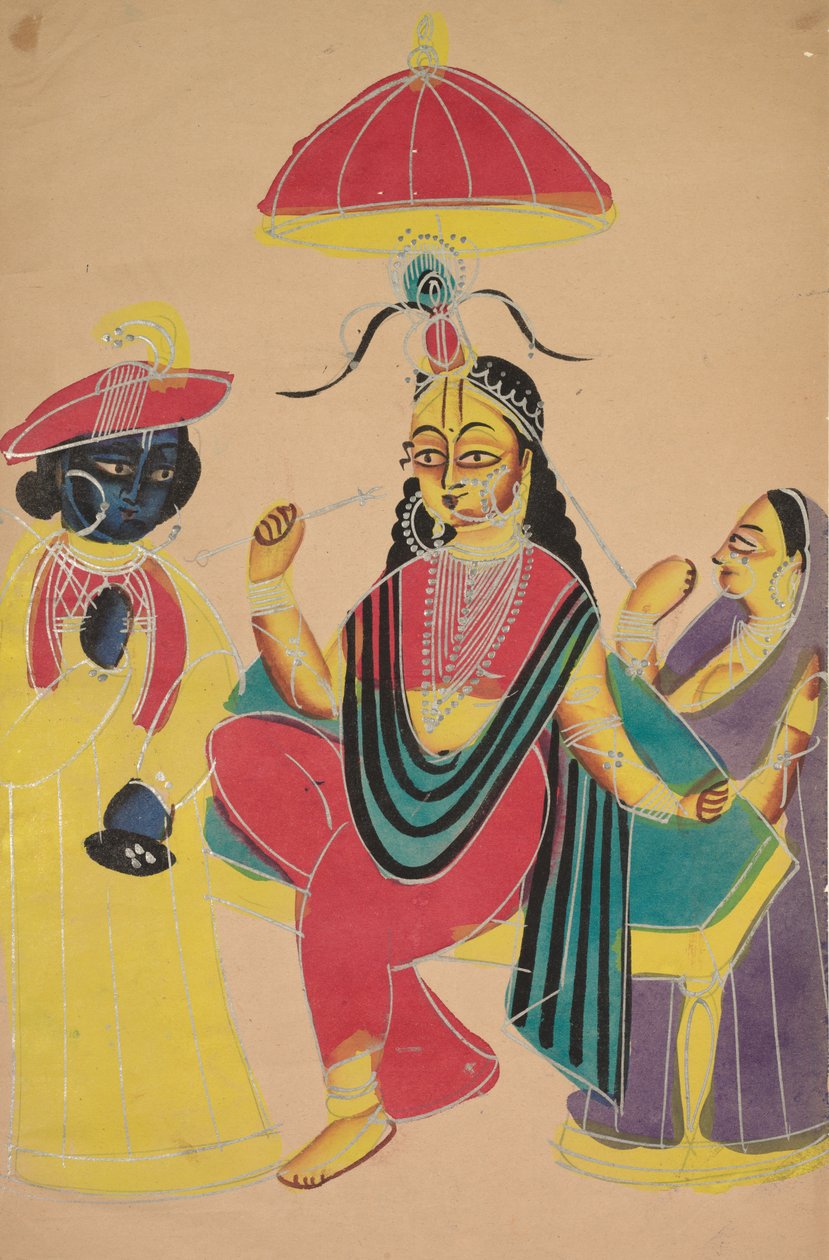 Krishna står vid Radha som sitter på en stol av Unknown artist